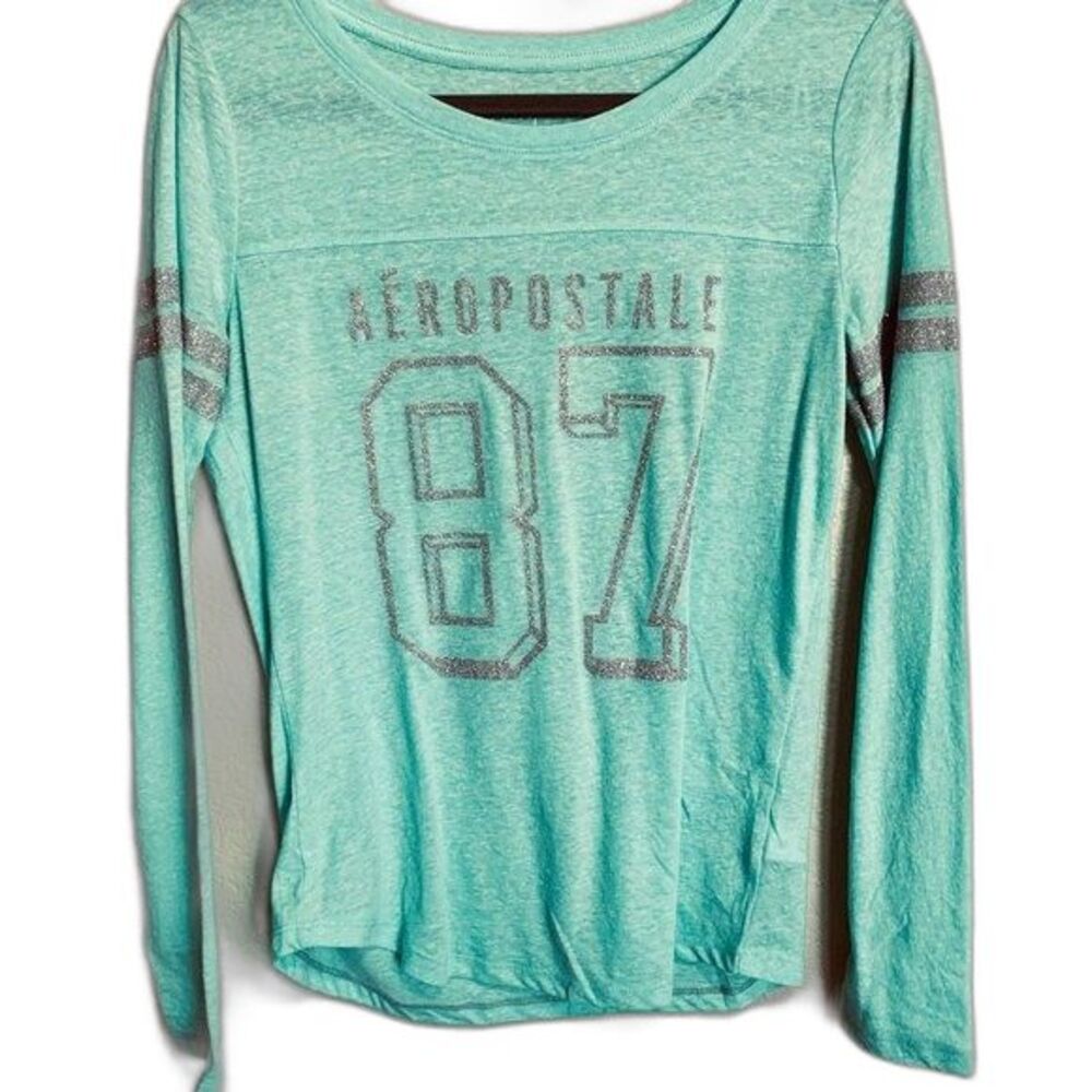Aeropostale light blue top Long sleeve around neck glitter 87 size M academia